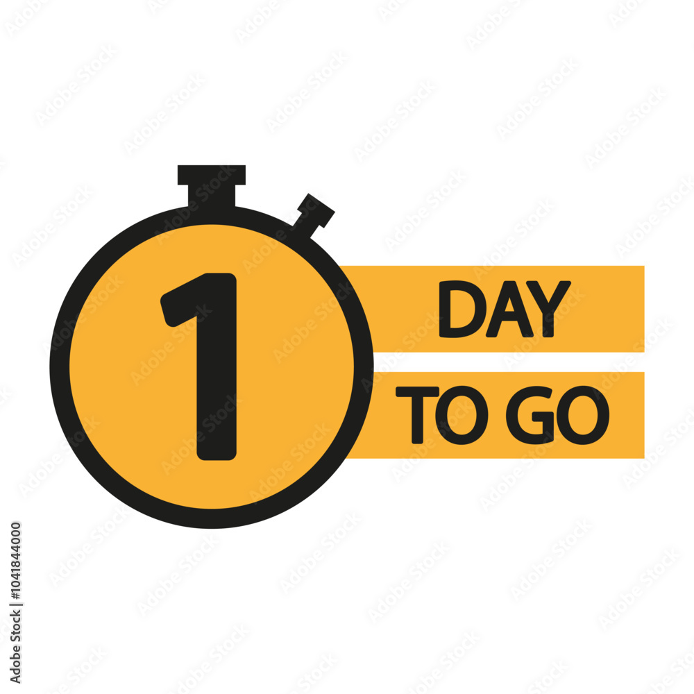 Poster stopwatch icon with number 1. countdown clock with one day to go text. bold yellow design.