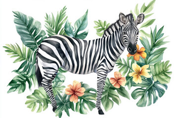A majestic watercolor illustration of a zebra surrounded by lush tropical leaves, vibrant jungle flowers, and vines. The zebra stands tall, with detailed black and white stripes, isolated on a white