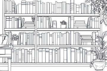 A simple black-and-white line drawing of a bookshelf filled with books, with clean, minimalist lines. The design should feature various book sizes, some stacked vertically and some horizontally
