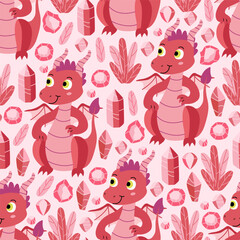 Bright red and pink seamless pattern with  funny baby dragons and crystal gemstone. Vector hand drawn flat illustration ideal for fabrics, wrapping papers, wallpapers, covers. 