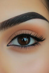 Obraz premium Close-up of a young Arabian woman eye with a perfectly sculpted eyebrow shaped with a pencil. The sleek, defined look adds a trendy and modern flair to her overall style.