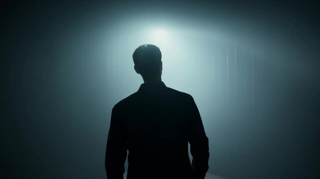 A man is standing in a dark room with a shadow of another person behind him. The room is dimly lit, and the man is looking at the camera. Scene is eerie and mysterious