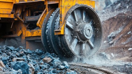 Industrial ore-crushing equipment in use, breaking down stone for processing in large-scale mining operations.