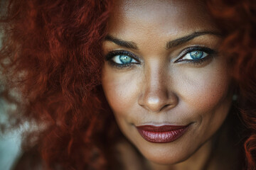 Fototapeta premium A middle-aged Black woman with beautifully styled red hair and vibrant blue eyes poses elegantly in a close-up portrait. The light captures her unique features, showcasing her strength and beauty.