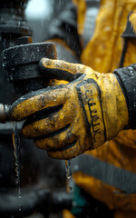 A worker repairs the water pipe. A worker at his job.