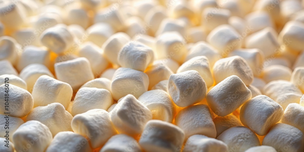 Poster a close-up view of a soft and fluffy pile of white marshmallows, illuminated by a warm glow, highlig