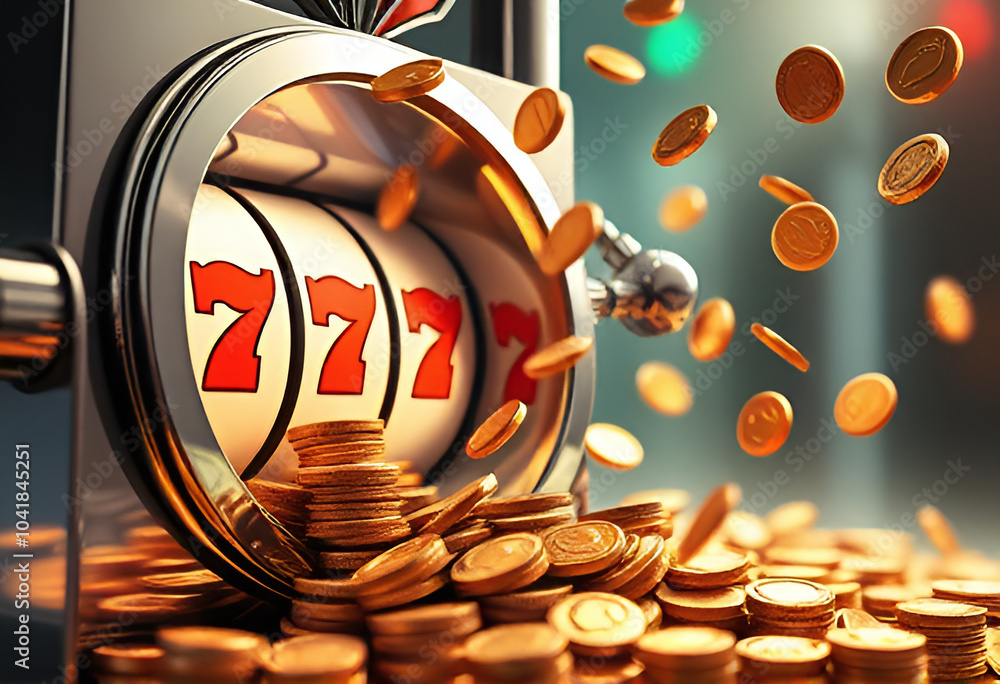 Poster a slot machine with three reels, each of which has the number 7. this symbolizes a winning combinati