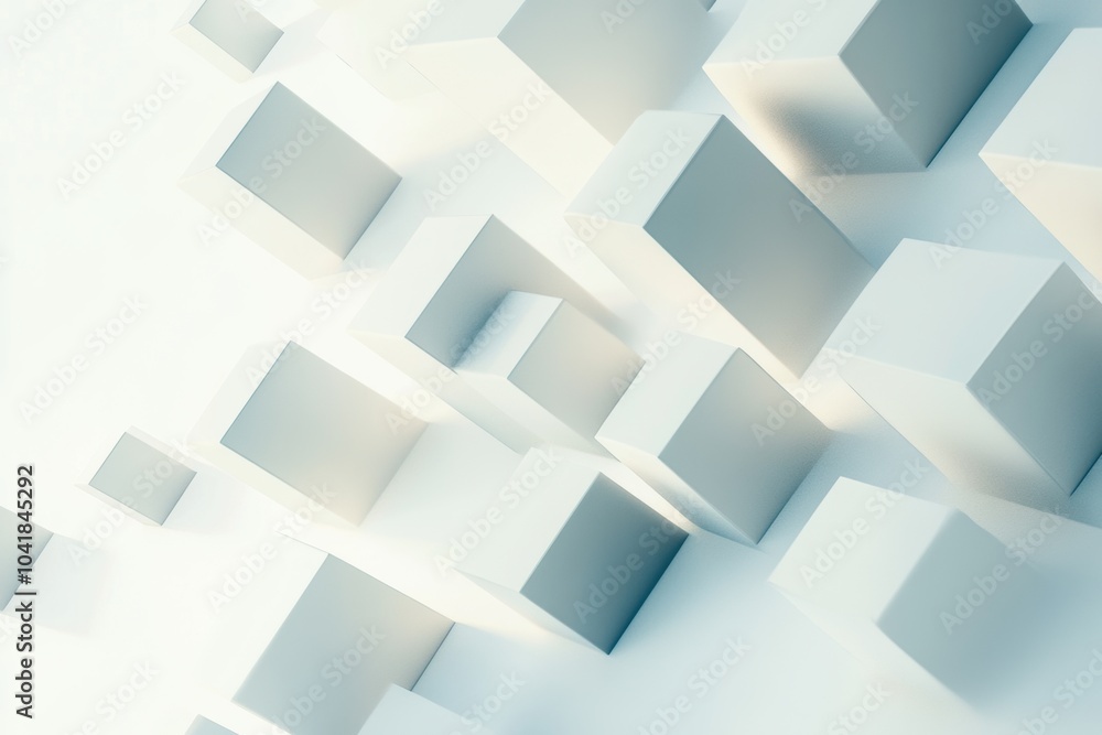 Poster multiple cubes in different sizes and shades create an abstract design, connected by diagonal lines 