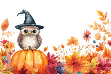 A whimsical watercolor illustration of a Halloween owl wearing a pointed witch hat, perched beside a cheerful pumpkin surrounded by colorful autumn leaves and vibrant flowers. The playful scene