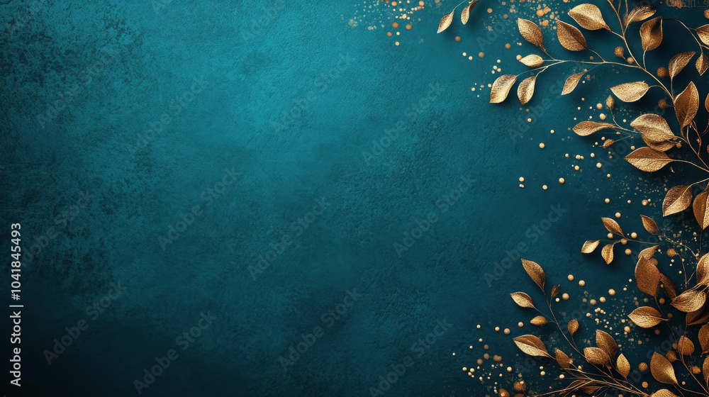 Poster luxurious dark teal background with soft golden accents and elegant foliage, creating sophisticated 