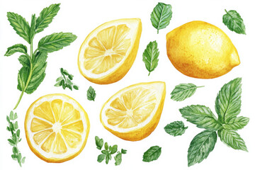 A hand-painted watercolor composition of juicy lemon halves, mint leaves, and peppermint sprigs. The vivid, natural colors are isolated on a white background, ideal for use in botanical illustrations,