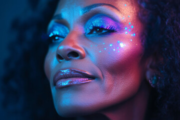 A middle-aged Black woman with a colorful, cosmic-inspired makeup look, blending shades of deep blue and purple, with tiny crystal stars dotting her brow and cheeks. The look is both dreamy and