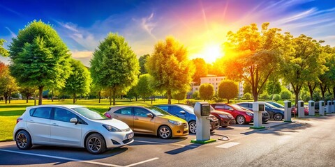 Obraz premium Electric Car Charging Station with Multiple EVs in a Parking Lot - Sustainable Transportation and Eco-Friendly Future