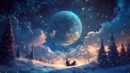 Santa Claus in a sleigh with reindeer flies over the earth in the night starry sky with an amazing big moon with snow. Magic and Happy New Year 2025, concept. with generative ai