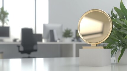 A decorative mirror on a modern office desk with greenery in the background.