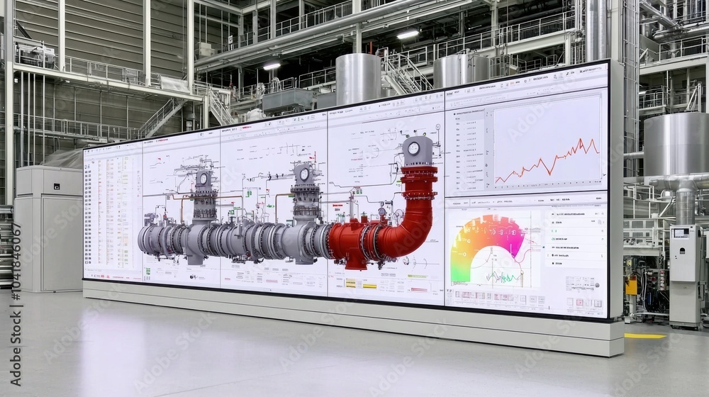 Poster industrial control dashboard showcasing real time data analytics for automated manufacturing process