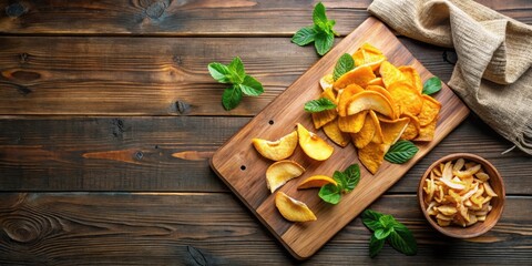 Dried fruit snacks on a wooden board and in a bowl, garnished with fresh mint leaves.