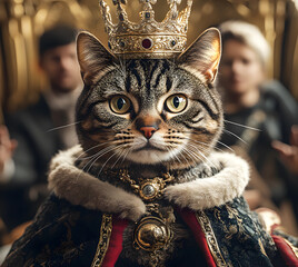 Funny cat with golden crown and royal cape. Cats rule the world.
