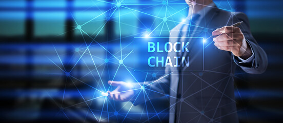 Blockchain technology concept on virtual screen. Cryptography and cryptocurrency.