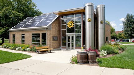 Sustainable Modern Brick Building with Solar Panels in Nature Landscape