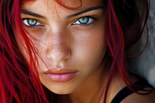 A young Hispanic woman with stunning red highlights in her hair and bright blue eyes captures the viewer attention in a close-up portrait. Her lively expression reflects her youthful spirit and