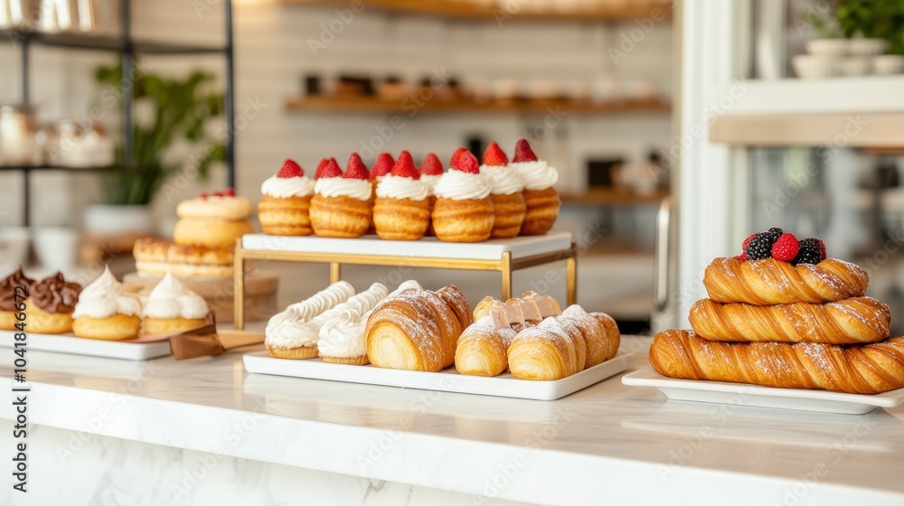 Wall mural A bakery display case with a variety of pastries, including croissants, cakes