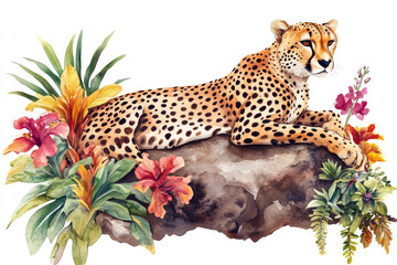 Naklejka premium A vibrant watercolor set featuring a cheetah resting on a rock, surrounded by tropical plants and flowers. The cheetah sleek body and spotted coat are isolated on a white background, ideal for