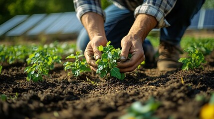 Naklejka premium Hands Planting Seedlings in a Sustainable Garden