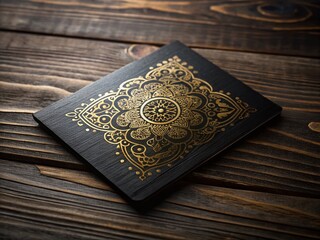 Fototapeta premium Elegant Black Card with Gold Embossing on Wooden Table - Silhouette Photography