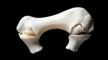 Fototapeta premium Dog femur bone displayed on a black background, detailed anatomy showcasing structure and form.