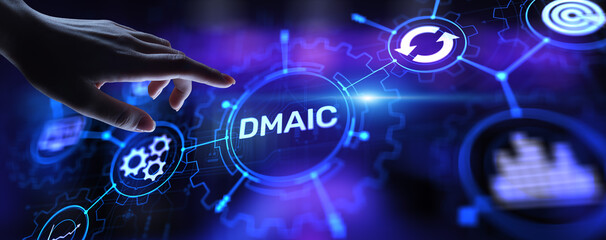 DMAIC Define Measure Analyze Improve Control Industrial business process optimisation six sigma lean manufacturing technology concept on virtual screen.