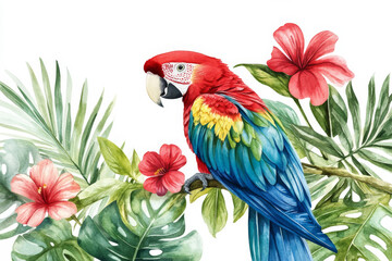 Obraz premium A colorful watercolor of a macaw resting among tropical leaves and jungle flowers. The bird vibrant red, blue, and green feathers are hand-painted with care, isolated on a white background, ideal