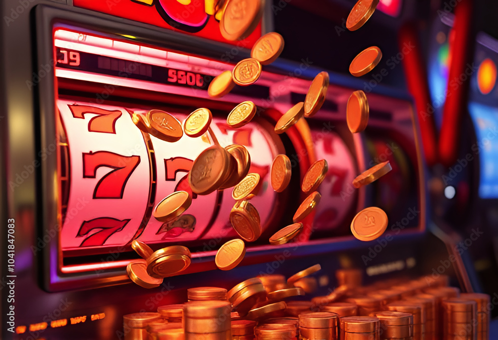 Poster a slot machine with three reels, each of which has the number 7. this symbolizes a winning combinati