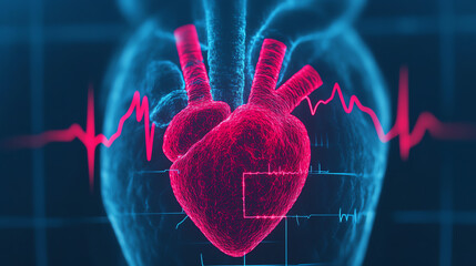 Realistic 3D rendering of a human heart with a heartbeat line, showcasing healthcare technology and anatomy in vibrant colors against a dark backdrop.