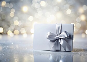 Elegant Blank Gift Card with Silver Ribbons and Bow on White Background for Holiday Gifting