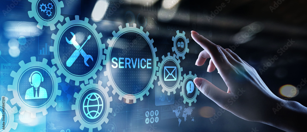 Poster service support customer help call center business technology button on virtual screen.