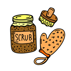 An illustration of body care essentials featuring a jar of body scrub, an exfoliating brush, and a textured glove, perfect for skincare and spa routines