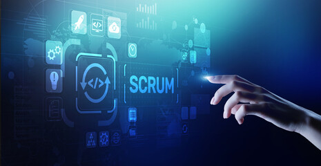 SCRUM, Agile development methodology, programming and application design technology concept on virtual screen.