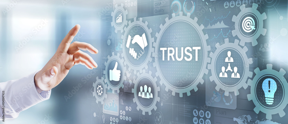 Poster trust customer relations reliability business concept. pointing and pressing on virtual screen.