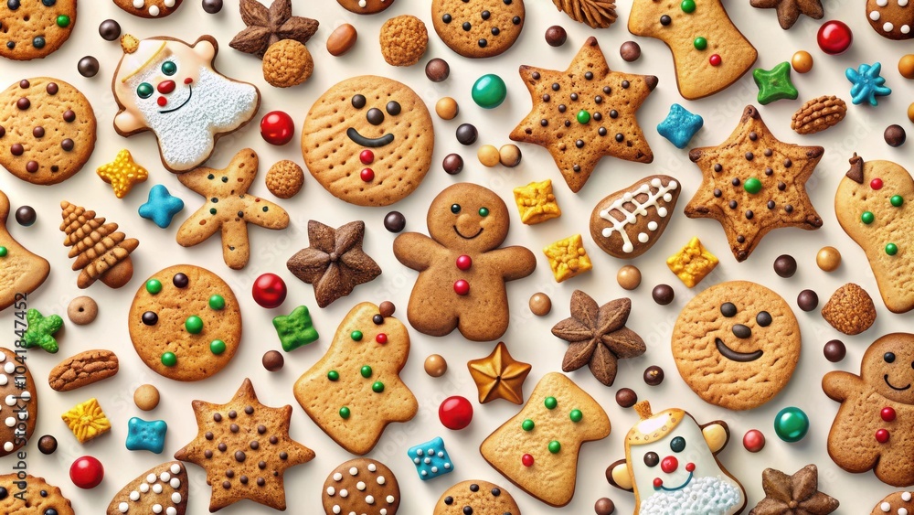 Poster a festive array of gingerbread cookies, decorated with colorful sprinkles and candies, arranged on a