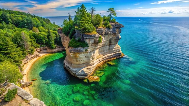 Aerial view of Chapel Rock at Pictured Rocks National Lakeshore, Michigan, USA