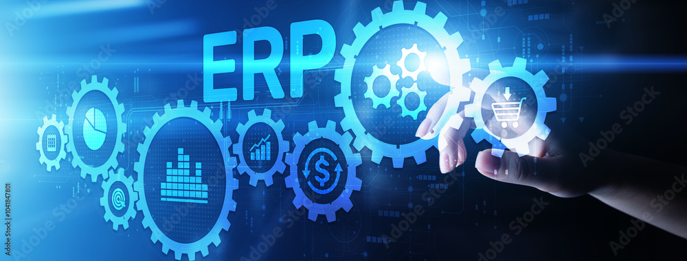 Poster erp enterprise resources planning sap business process automation internet technology concept.