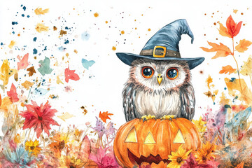 An enchanting watercolor illustration of a Halloween owl in a whimsical witch hat, nestled next to a pumpkin and surrounded by colorful autumn leaves and flowers. The vibrant scene captures the