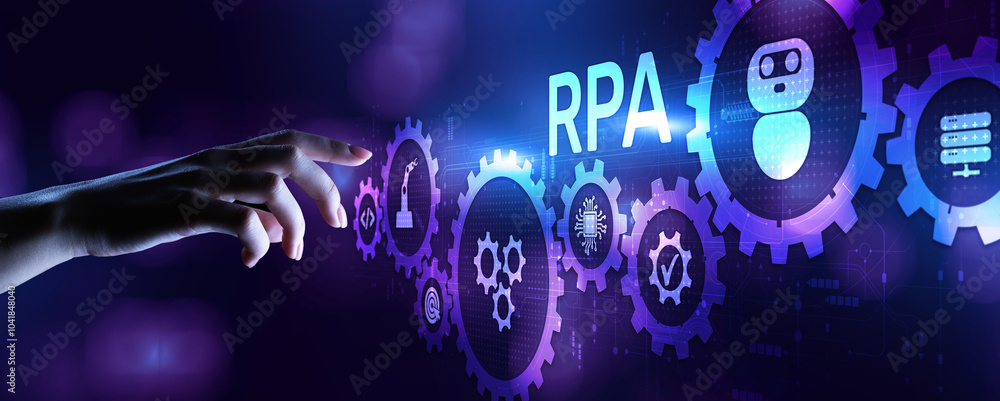 Poster rpa robotic process automation innovation technology concept on virtual screen.