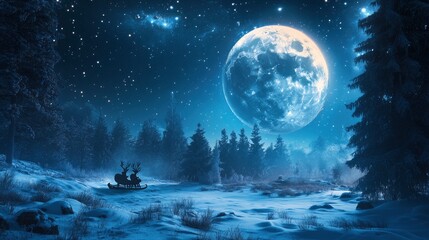 Naklejka premium Santa Claus in a sleigh with reindeer flies over the earth in the night starry sky with an amazing big moon with snow. Magic and Happy New Year 2025, concept. with generative ai