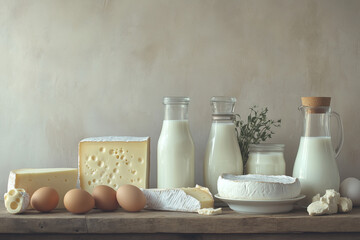 
Showcase of dairy products, including a glass and jug of milk, a block of cheddar, and neatly arranged slices of brie and camembert, all set on a white background. 
