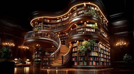 Obraz premium Elegant Wooden Bookshelves in Grand Interior Setting