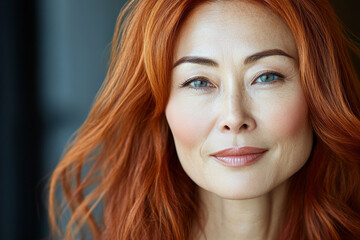 Naklejka premium A middle-aged Japanese woman with beautifully layered red hair and mesmerizing blue eyes looks directly at the camera. Her expression is both serene and confident, showcasing her unique blend of
