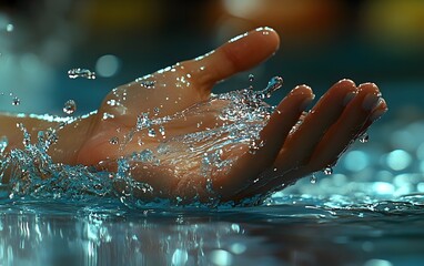 Fototapeta premium A hand catching water droplets, showcasing movement and fluidity in a serene environment.
