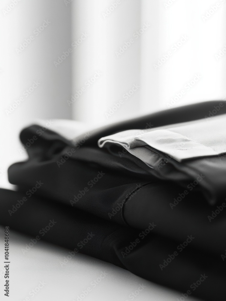 Poster A collection of minimalist sportswear is neatly folded on a smooth table, emphasizing simplicity and functionality for fitness enthusiasts. Generative AI